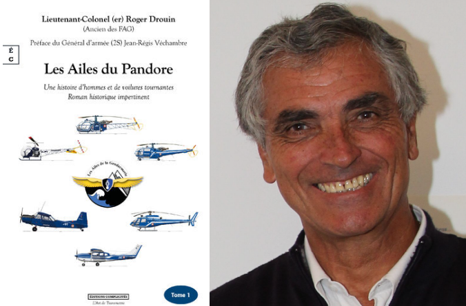 Deux images côte à côte : la couverture d'un ouvrage représentant sur fond blanc des avions et des hélicoptères, et le visage souriant de Roger Drouin, l'auteur du livre