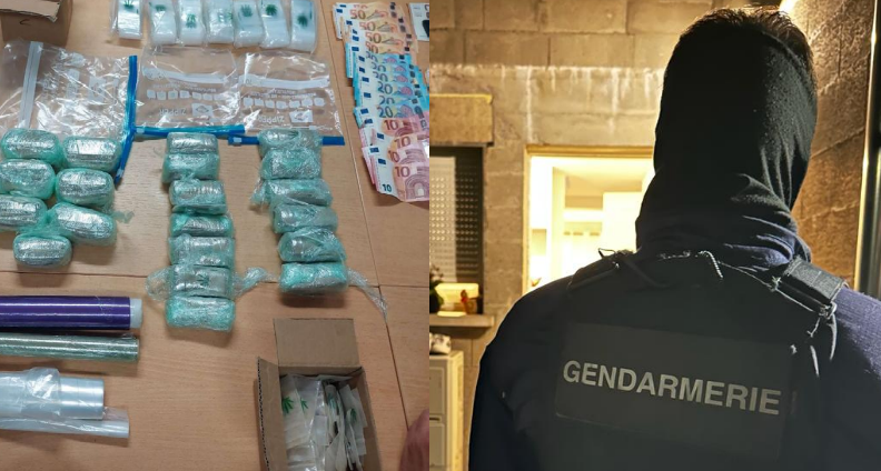 Photo montrant des produits stupéfiants saisis ainsi qu'un gendarme en tenue d'intervention se présentant devant un domicile dans le cadre d'une perquisition à réaliser.