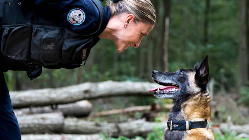 Une gendarme maître de chien penchée tout sourire vers son malinois, qui la regarde dans les yeux.