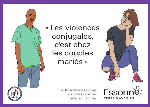 Carte de prévention contre les violences conjugales entre adolescents avec un dessin d'un homme sur la gauche et d'une femme sur la droite et au centre, le slogan "Les violences conjugales, c'est chez les couples mariés".