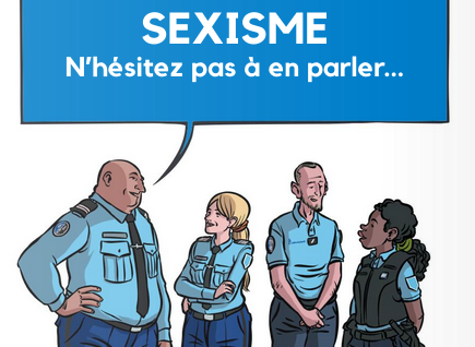 Dessin de quatre gendarmes dont deux hommes et une femme échangent - titre: SEXISME n'hésitez pas à en parler