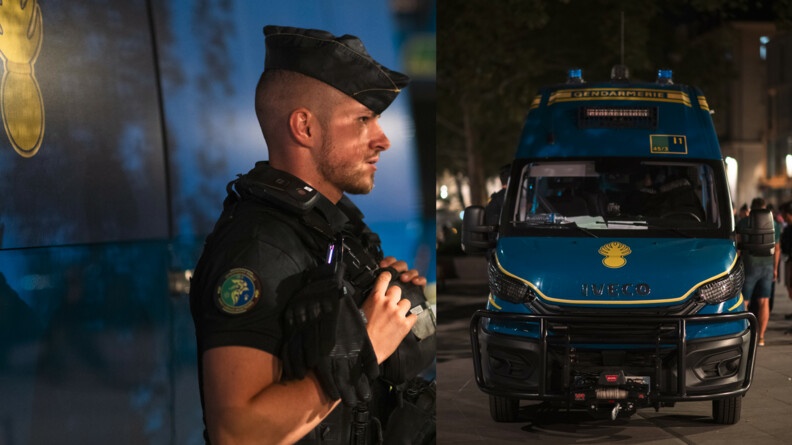 A gauche, un gendarme mobile de profil devant son véhicule, à droite vue de face d'un véhicule de maintien de l'ordre,
