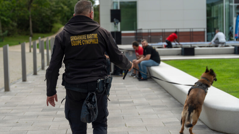 Gendarme de la brigade cynophile de dos, marchant en tenant un chien en laisse dans un espace extérieur. Des personnes assises sur un muret. L’une regarde dans sa direction.