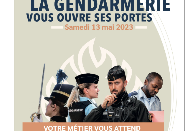Affiche des portes-ouvertes de la gendarmerie mettant en avant plusieurs spécialités du métier de gendarme avec l'inscription "votre métier vous attends".