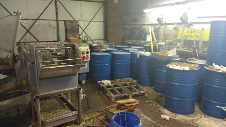 A droite une quinzaine de tonneaux métalliques bleus et du matériel d'apiculture dans un hangar