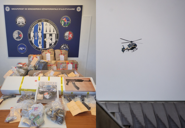 Photo montrant l'hélicoptère de la gendarmerie employée à l'occasion de l'opération "Tempête 35" ainsi que les résultats de cette opération (saisies de stupéfiants, d'armes et d'argent).