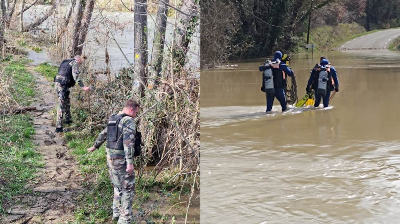 Deux gendarmes en treillis et deux plongeurs de la gendarmerie dans le Gard en crue