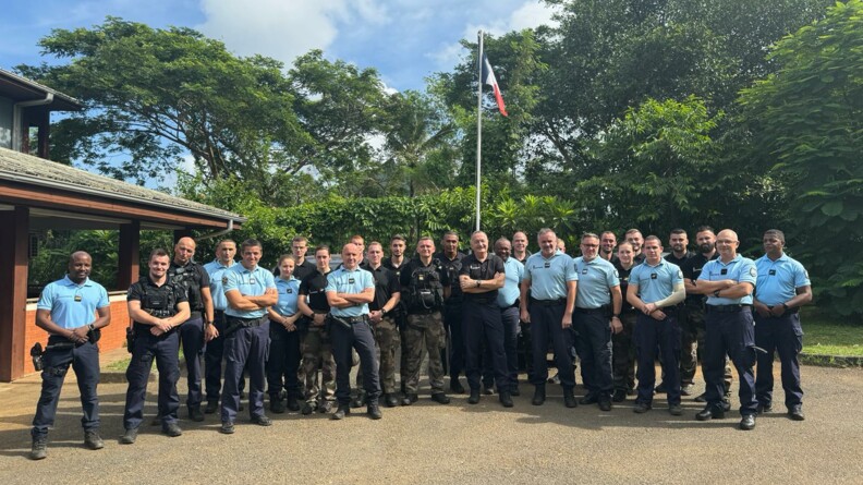 Plus d'une vingtaine de gendarmes posent devant le drapeau tricolore. Au milieu de l'image se trouve le directeur général de la gendarmerie.
