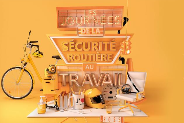 dans des tons jaunes, l'affiche des journées de la sécurité routière au travail, avec un bureau, une chaise, une horloge, un casque de moto jaune, un mug, des livres, un vélo jaune