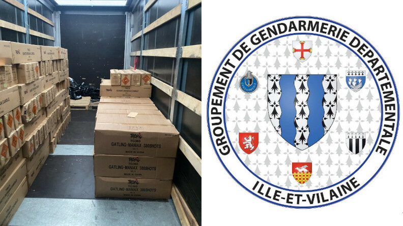 A gauche des cartons entreposés dans un camion, à droite la rondache de la gendarmerie d'Ille-et-Vilaine