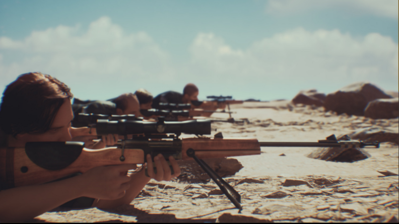 Image d'animation 3D de quatre tireurs d'élite du GIGN vus de profil, en enfilade. Ils sont allongés sur le sable, en position de tir.