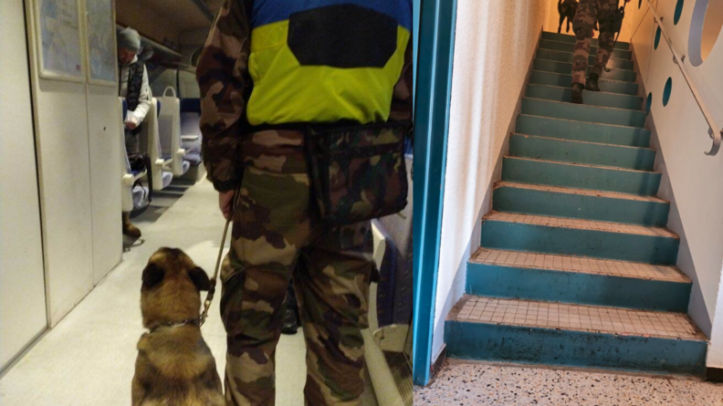 Deux images d'équipes cyonphiles gendarmerie, à gauche dans un train  et à droite en haut d'un escalier