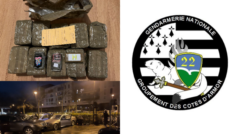 Montage photo avec une vue de l'interpellation en bas à gauche, une vue des saisies de stupéfiants en haut à gauche, et la rondache du Groupement de gendarmerie des Côtes d'Armor.