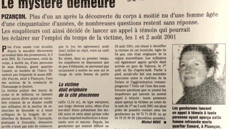 Un an après la découverte du corps, le mystère restait entier, comme en témoigne cet article paru dans le Dauphiné Libéré en 2002. Près de 19 ans après, les gendarmes l'ont percé.