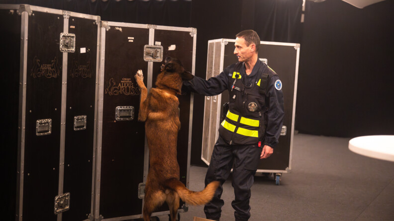 Une équipe cynophile composée d'un gendarme et d'un berger belge malinois inspectent un haut casier noir sur roulettes.