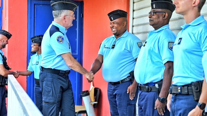 Le directeur général de la gendarmerie nationale serre les mains des gendarmes en rang au garde à vous devant lui.