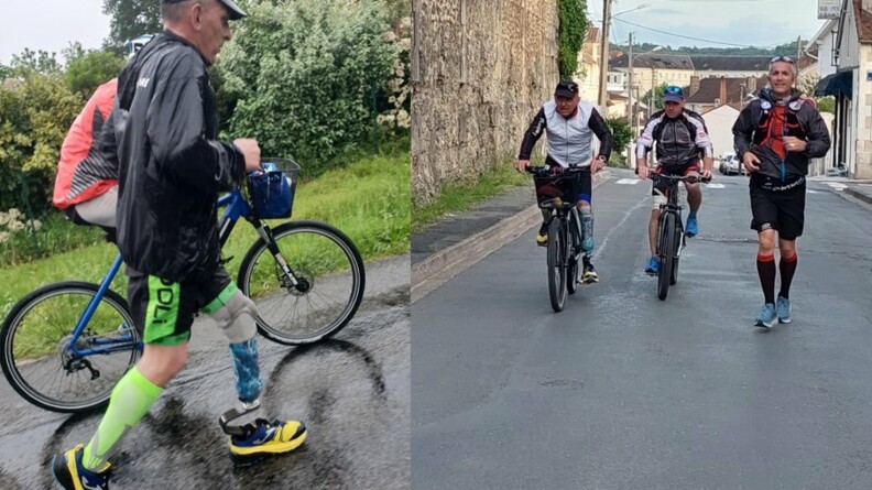 Il y a deux images. Sur l'image de gauche, un gendarme avec une prothèse à la jambe gauche court à coté d'un vélo. Sur l'image de droite, 2 gendarmes à vélo et un gendarme à pied courent ensemble en ligne dans un village.