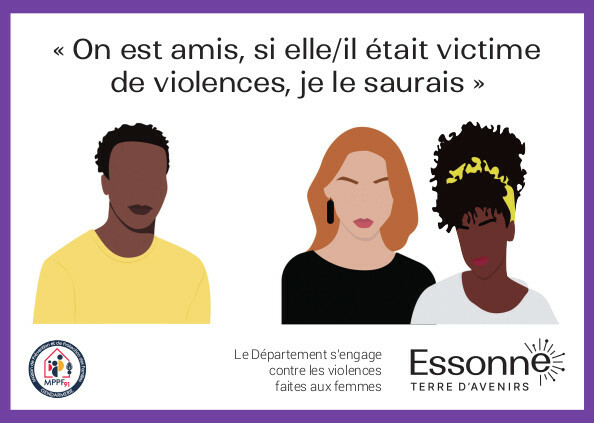 Carte de prévention contre les violences conjugales entre adolescents avec un dessin au centre d'un homme à gauche et de deux femmes à droite et le slogan au dessus "On est amis, si elle/il était victime de violences, je le saurais".