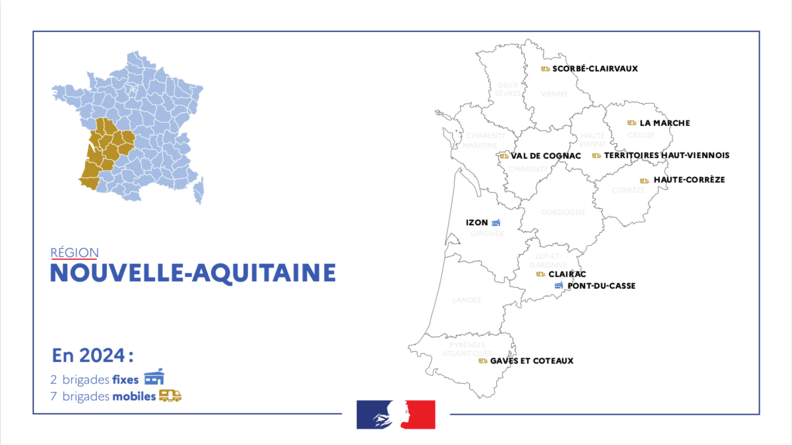 Carte de l'ensemble des nouvelles brigades qui vont être créées en Nouvelle-Aquitaine.