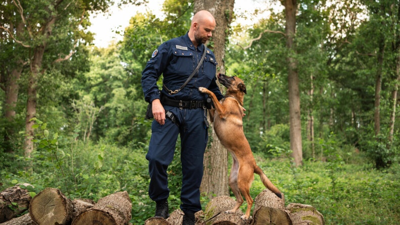 Photo d'un gendarme et de son chien. Le chien a deux pates sur son maitre. Ils se trouvent sur des bouts de bois dans la forêt.