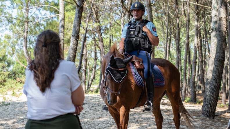 un gendarme à cheval échange avec une femme, qui est de dos vêtue d'un haut blanc et bas kaki, à gauche de l'image. Sur la partie droite, le cheval et de la cavalier, de trois quart avant droite, le cheval semblant saluer la femme. Le tout dans la pinède