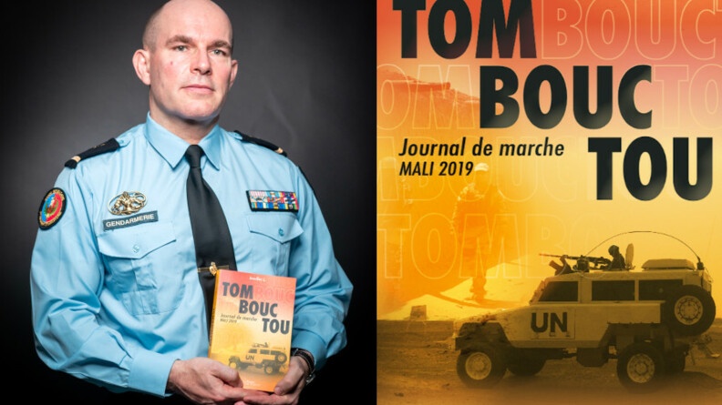A gauche l'adjudant-chef Jean-Eric, en uniforme avec son livre en main, et à droite la couverture du livre Tombouctou.