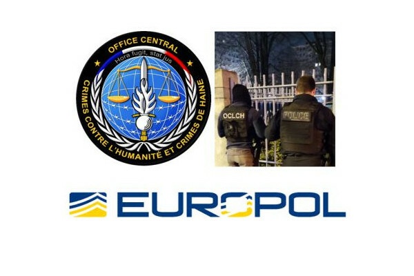 Logos d'Europol et de l'OCLCH avec une photo d'un gendarme de l'OCLCH et d'un policier, de dos.