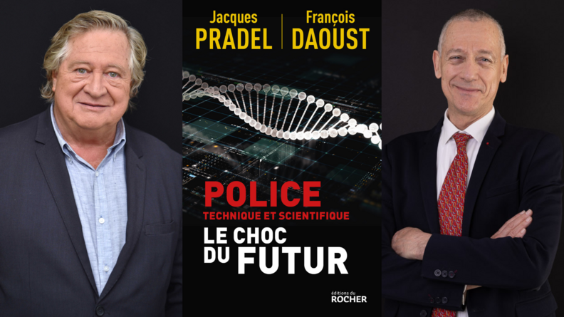 Nous voyons Monsieur Jacques Pradel à gauche et le Général François Daoust à droite avec la couverture de leur livre au centre de l'image.