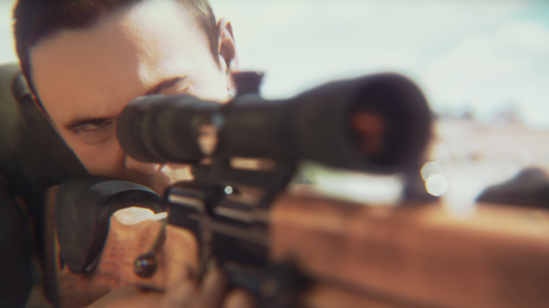 Image d'animation 3D d'un tireur du GIGN vu de face, lunette du fusil en premier plan.