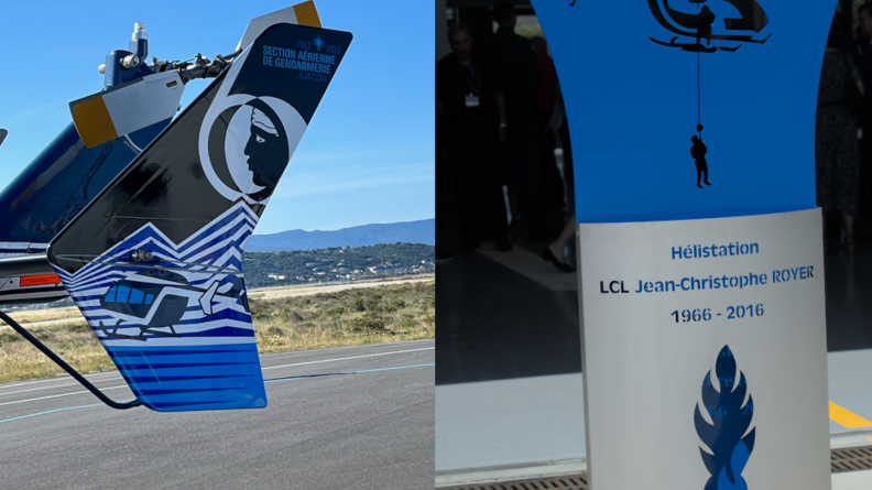 A gauche l'aileron arrière de l'hélicoptère de la SAG d'Ajaccio. A droite la stèle en hommage au lieutenant-colonel Jean-Christophe Royer, ancien commandant de la SAG, mort en service en 2016.