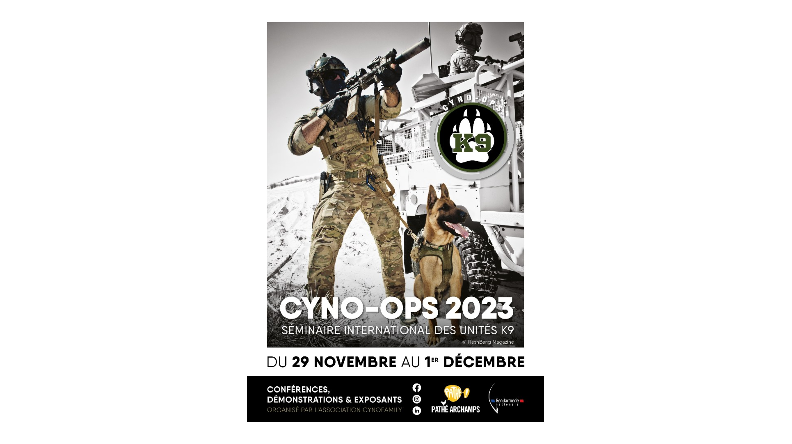 Affiche du séminaire CYNO-OPS 2023 représentant au premier plan un militaire en treillis portant un fusil et accompagné d'un berger malinois. Au second plan, en noir et blanc, un militaire sur un véhicule blindé.