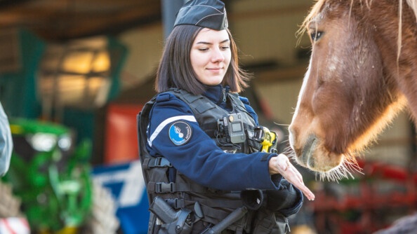 Une gendarme de la COB de Guerlédan, dans les Côtes d'Armor, avec un cheval dans un centre équestre.