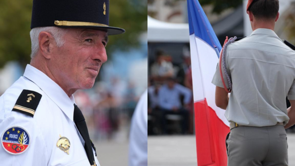 A gauche, le major de réserve Gérard, préparateur physique de l'équipe de France militaire de rugby. A droite un militaire de l'armée de Terre tient le drapeau français.
