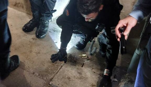 Un gendarme, accroupi, soulève une dalle sur le sol d'une cave. Autour de lui, debout, trois autres militaires.