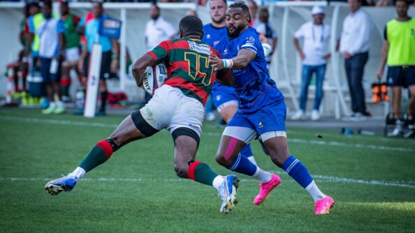Action lors de la finale de la coupe du Monde militaire de rugby entre la France et Fidji, le 10 septembre à Vannes, dans le Morbihan.