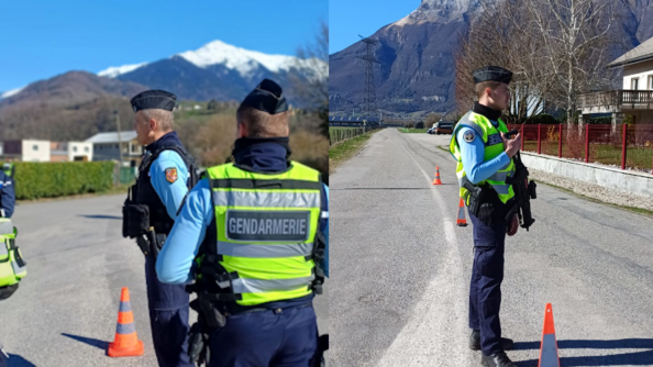 Deux images avec des gendarmes sur la route, au second plan la montagne et le ciel bleu