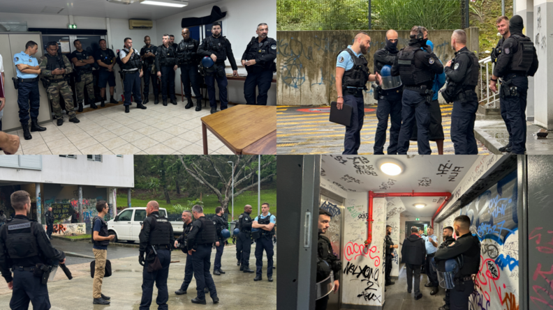 Nous voyons 4 images de l'opération Place Nette Nouvelle Calédonie. On peut voir des gendarmes du PSIG qui se préparent à aller en mission puis sur les lieux de la mission.
