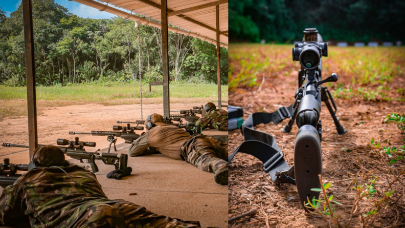 Agrandir l'image Stand de tir en Guyane avec trois tireurs couchés (à gauche) et fusil posé sur le sol (à droite)