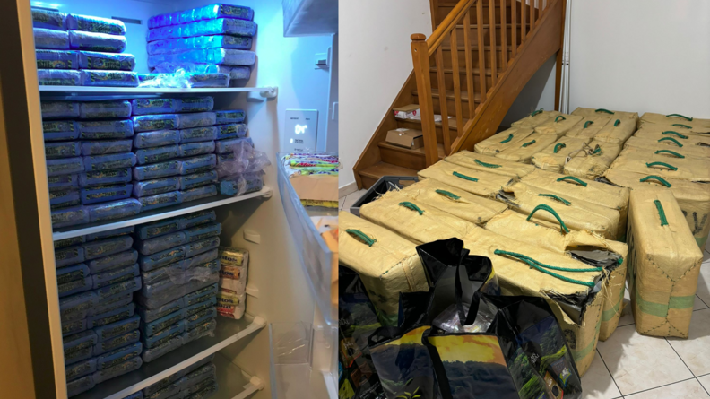 Deux images de stupéfiant conditionné dans les valises et pains de plastique