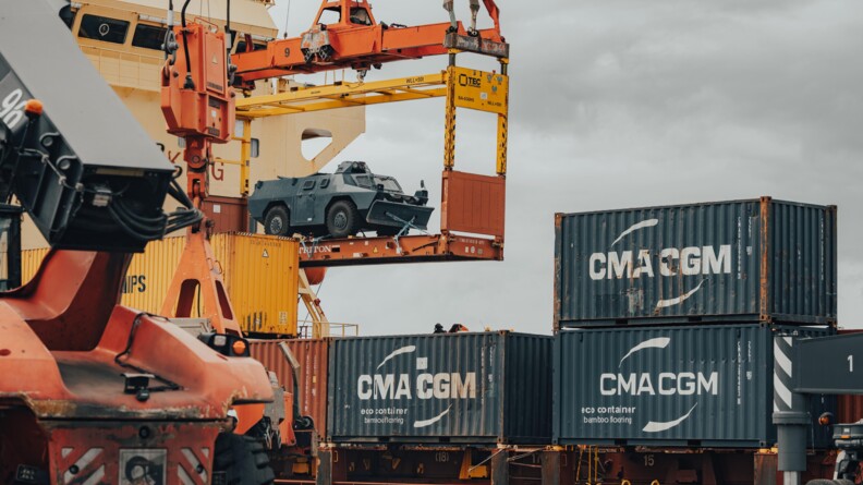 Sur des container CMA CGM un véhicule blindé de la gendarmerie est descendu dans une grue