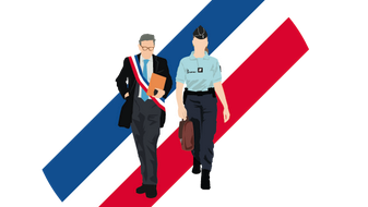 Agrandir l'image L'image représente un élu, revêtant l'écharpe tricolore, marchant aux côtés d'un gendarme.