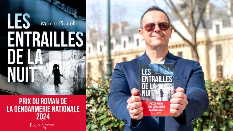 Nous voyons la première de couverture du livre et l'auteur qui pose avec son livre en main, le livre s'intitule "les entrailles de la nuit" et l'auteur est Marco Pianelli.
