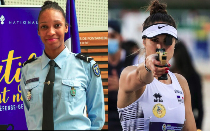 Porteait d'une gendarme et à gauche portrait d'une femme visant avec une casquette blanche