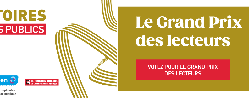 Bandeau annonçant les Victoires des Acteurs publics, avec le soutien de la CASDEN, la Banque coopérative de la fonction publique, et le Club des acteurs de la performance publique. A droite du bandeau, l'annonce du Grand Prix des lecteurs, avec une incitation au vote pour le projet porté par la gendarmerie nationale.
