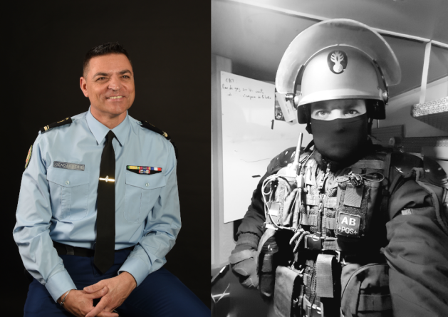 Le réserviste Pierre en uniforme à gauche et en tenue de maintien de l'ordre à droite.