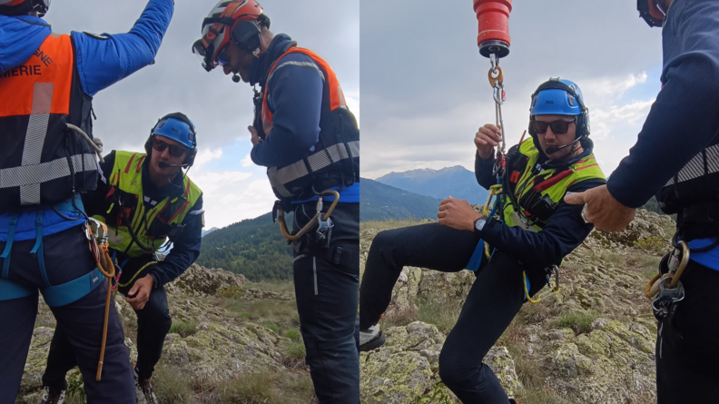 Deux images de Nils Allègre treuillé au sol auprès de deux gendarmes