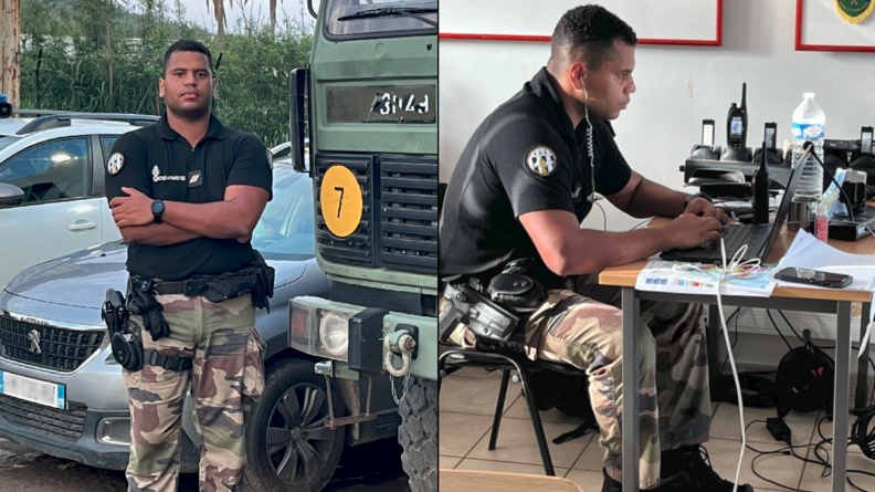 SUr deux images, un gendarme en bas de treillis et t-shirt noir. A gauche il tient ses bras croisé, devant es véhicules civils et militaires, à droite, il est assis à une table devant un PC