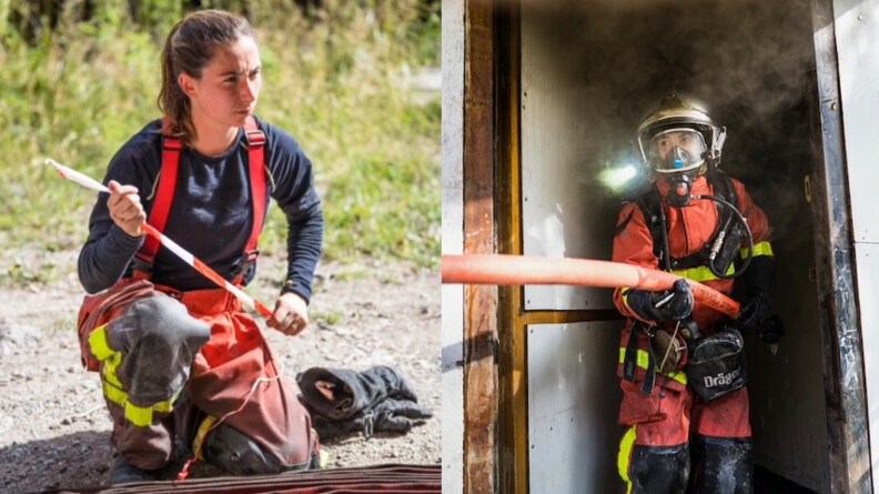 La gendarme de réserve Monia en tenue de sapeur pompier et en action dans deux situations : à gauche sans casque avec la lance pliée, à droite avec le casque et la lance en main.