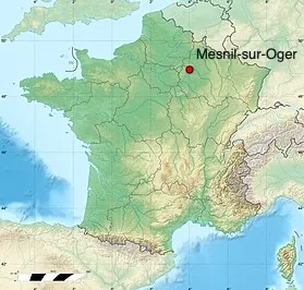 Agrandir l'image Une carte de France avec un point rouge e la mention MEsni-sur-Oger au niveau de la Marne