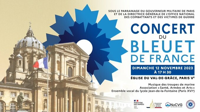 A gauche de l'image, appara&icirc;t l'&eacute;glise du Val-de-Gr&acirc;ce. Derri&egrave;re le logo &agrave; p&eacute;tales bleus du Bleuet de France, et &agrave; droite le texte se rapportant au concert du dimanche 12 novembre.